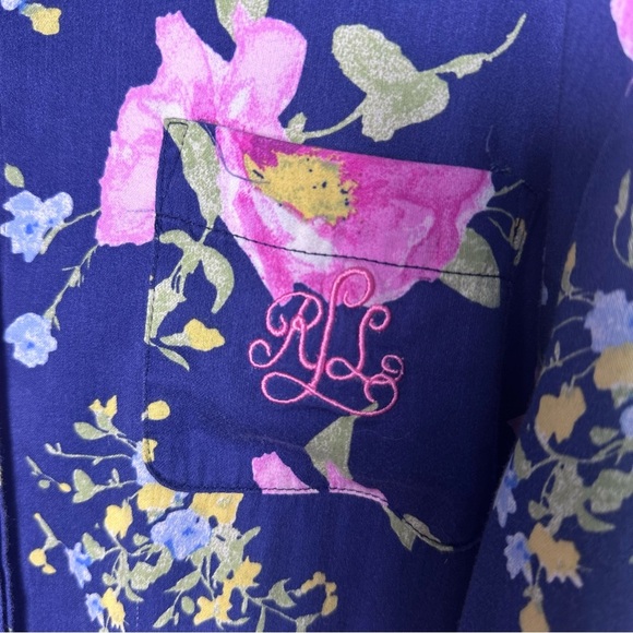 Lauren Ralph Lauren Navy Floral Sleep Shirt Women’s Embroidered Pocket Sz M - Picture 3 of 10
